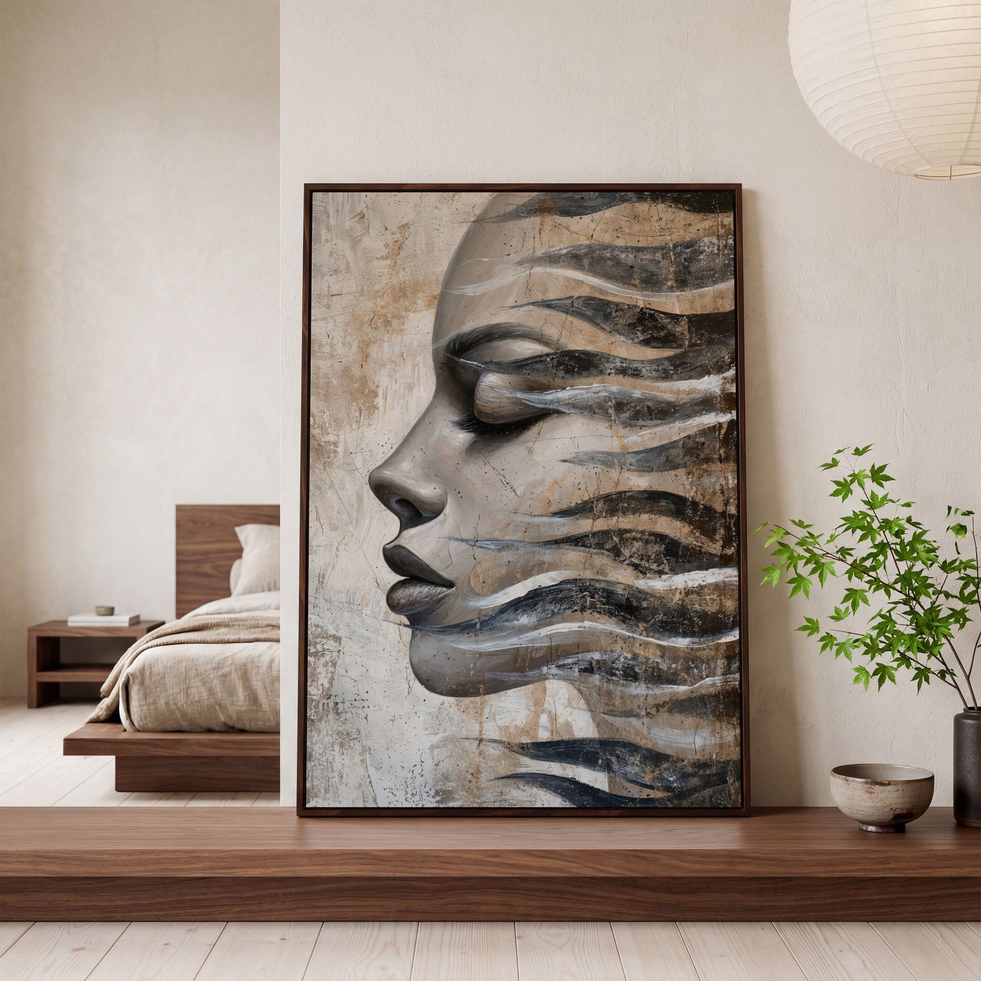 Abstract Woman Face with Waves Canvas Print in dark walnut floating frame