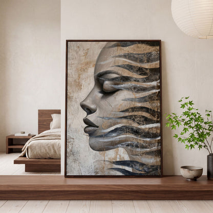 Abstract Woman Face with Waves Canvas Print in dark walnut floating frame