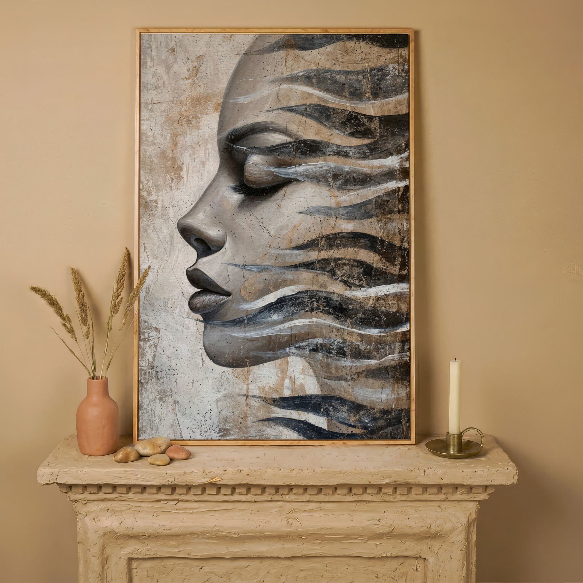 Abstract Woman Face with Waves Canvas Print in white oak floating frame