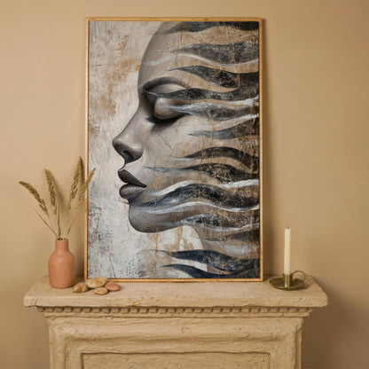 Abstract Woman Face with Waves Canvas Print in white oak floating frame