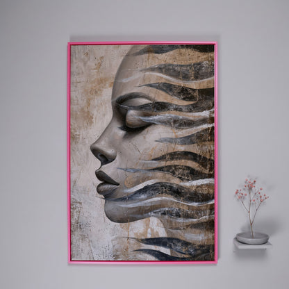 Abstract Woman Face with Waves Canvas Print in pink floating frame