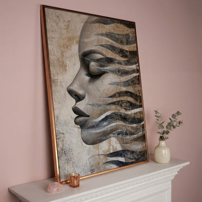 Abstract Woman Face with Waves Canvas Print in rose gold floating frame