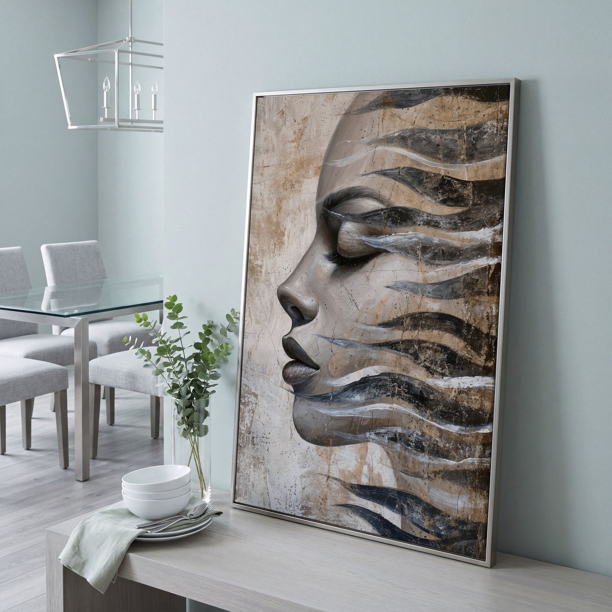 Abstract Woman Face with Waves Canvas Print in silver floating frame