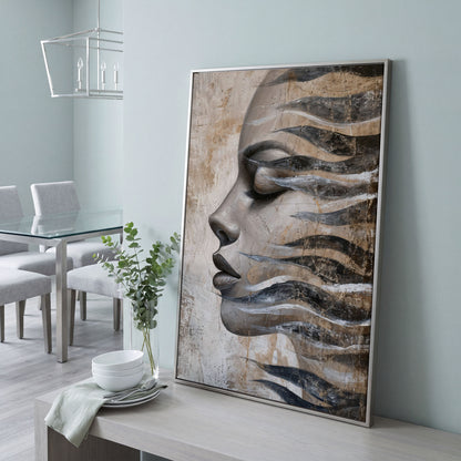 Abstract Woman Face with Waves Canvas Print in silver floating frame