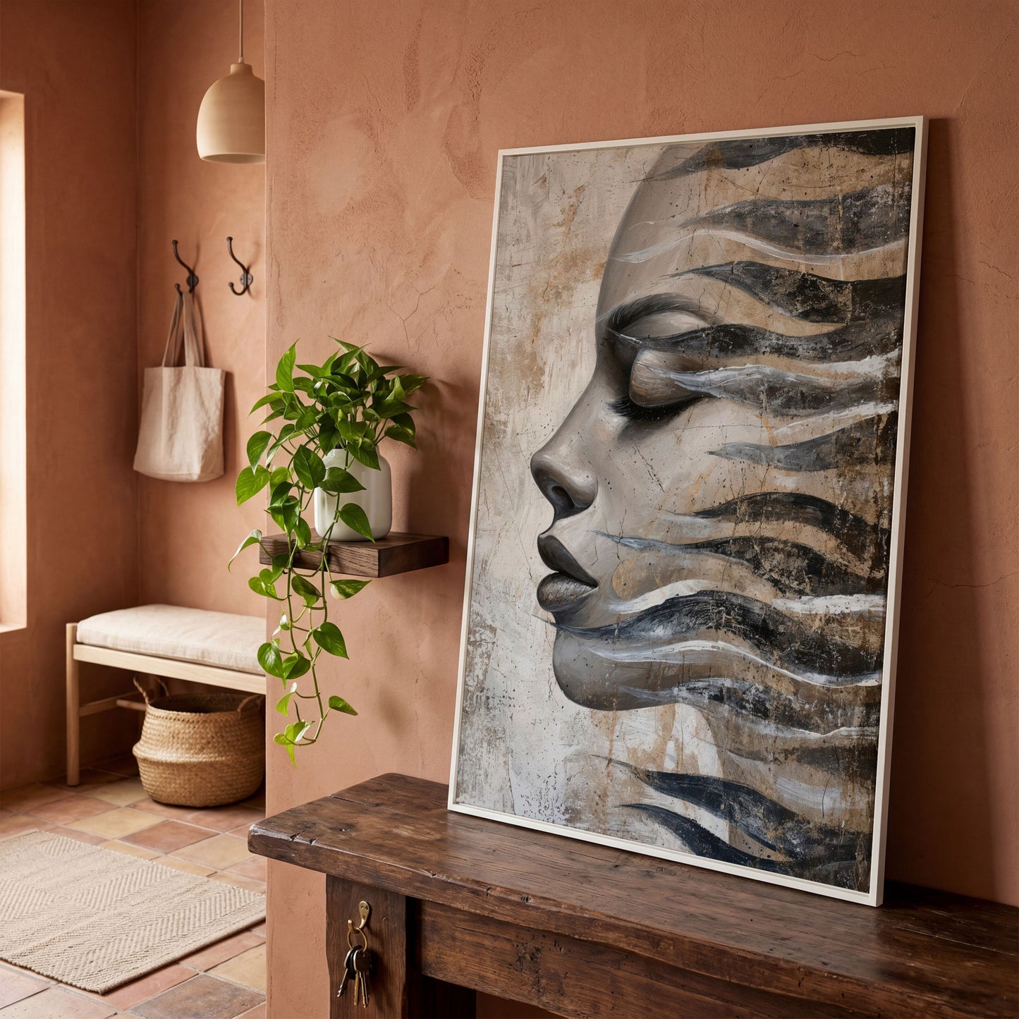 Abstract Woman Face with Waves Canvas Print in white floating frame