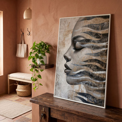 Abstract Woman Face with Waves Canvas Print in white floating frame
