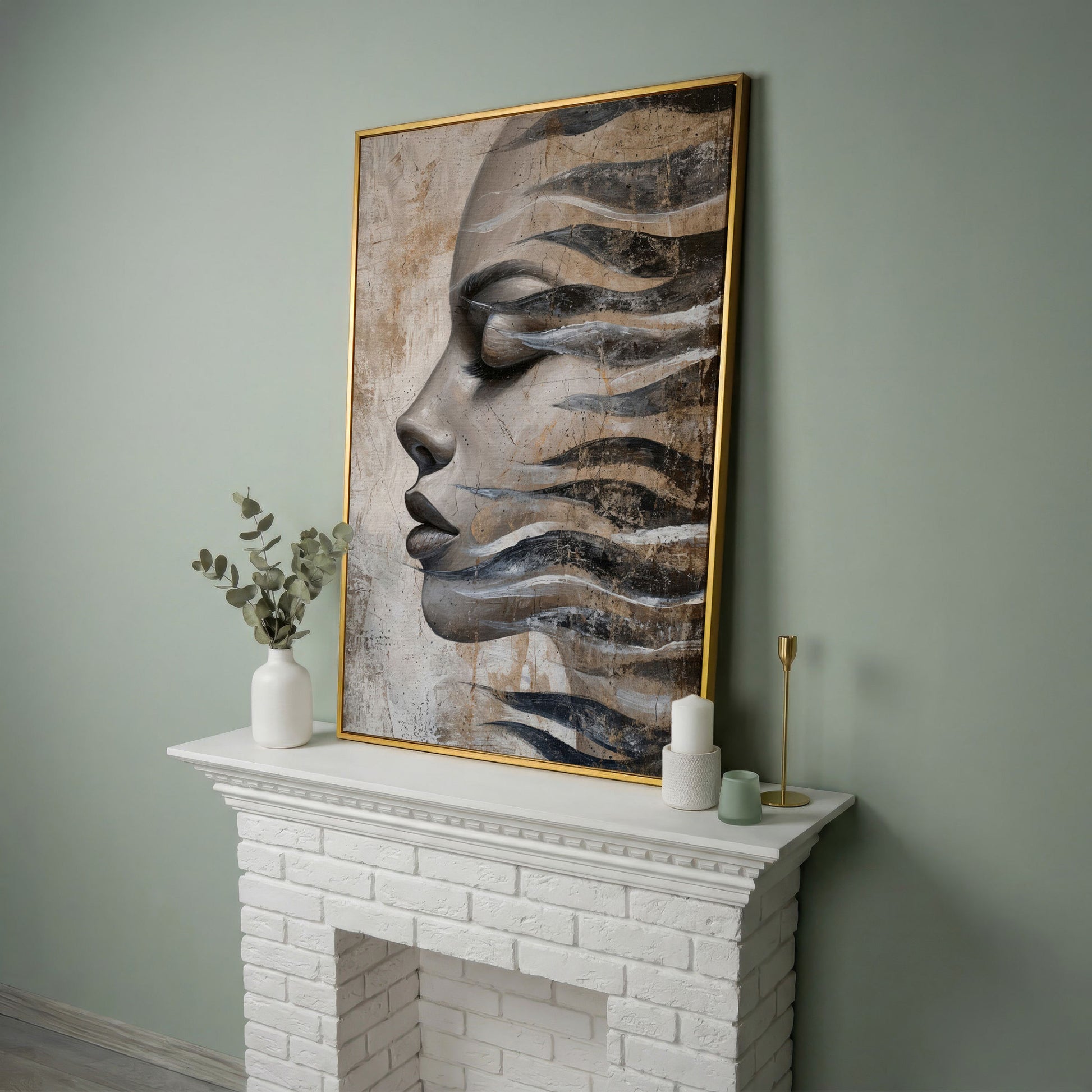 Abstract Woman Face with Waves Canvas Print in yellow gold floating frame