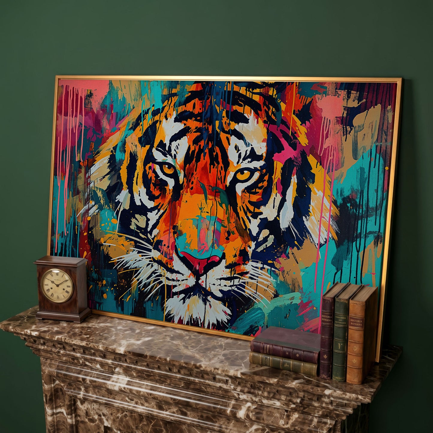 Colorful Tiger Canvas Print in antique gold floating frame