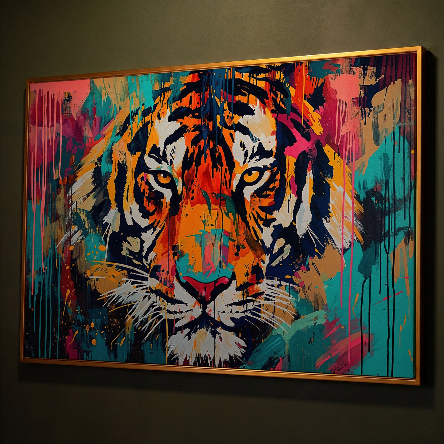 Colorful Tiger Canvas Print shown in antique gold floating frame