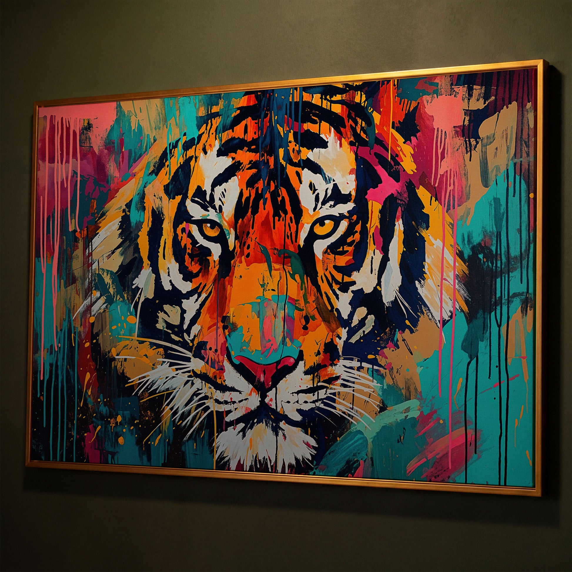 Colorful Tiger Canvas Print shown in antique gold floating frame