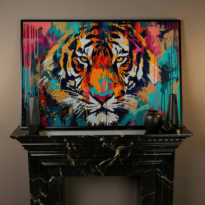 Colorful Tiger Canvas Print in black floating frame
