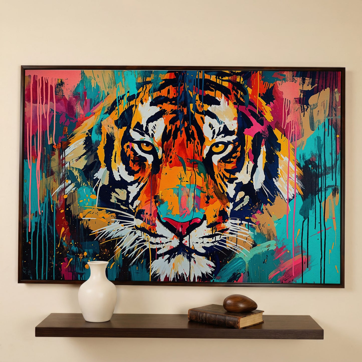 Colorful Tiger Canvas Print in dark walnut floating frame