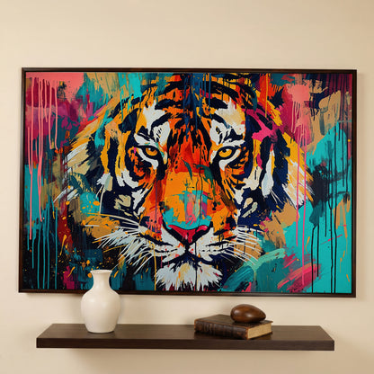 Colorful Tiger Canvas Print in dark walnut floating frame