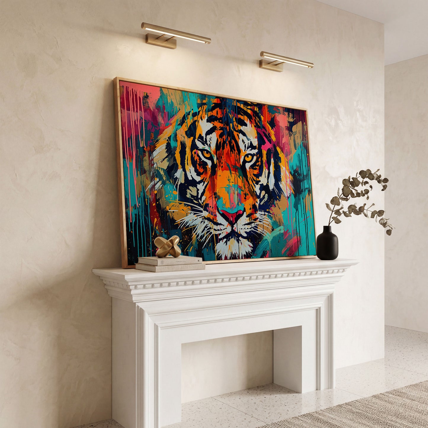 Colorful Tiger Canvas Print in white oak floating frame