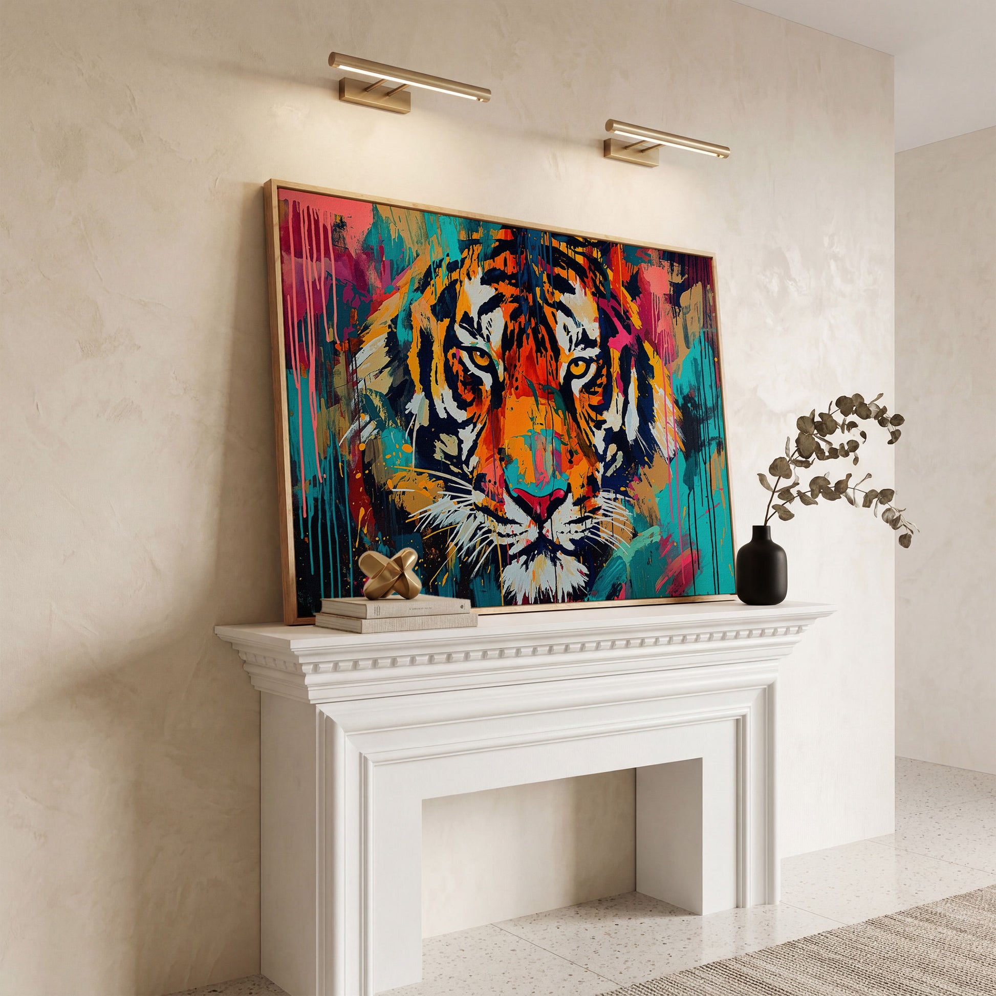 Colorful Tiger Canvas Print in white oak floating frame