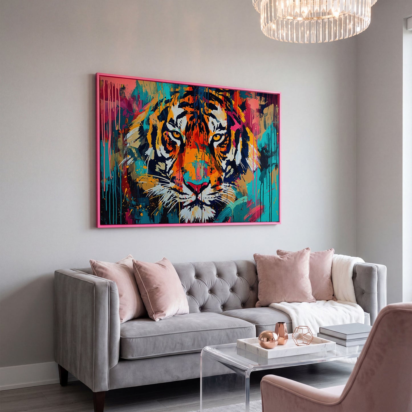 Colorful Tiger Canvas Print in pink floating frame