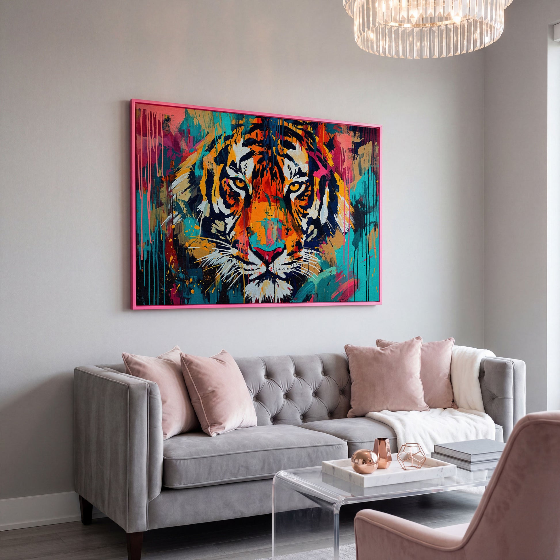 Colorful Tiger Canvas Print in pink floating frame