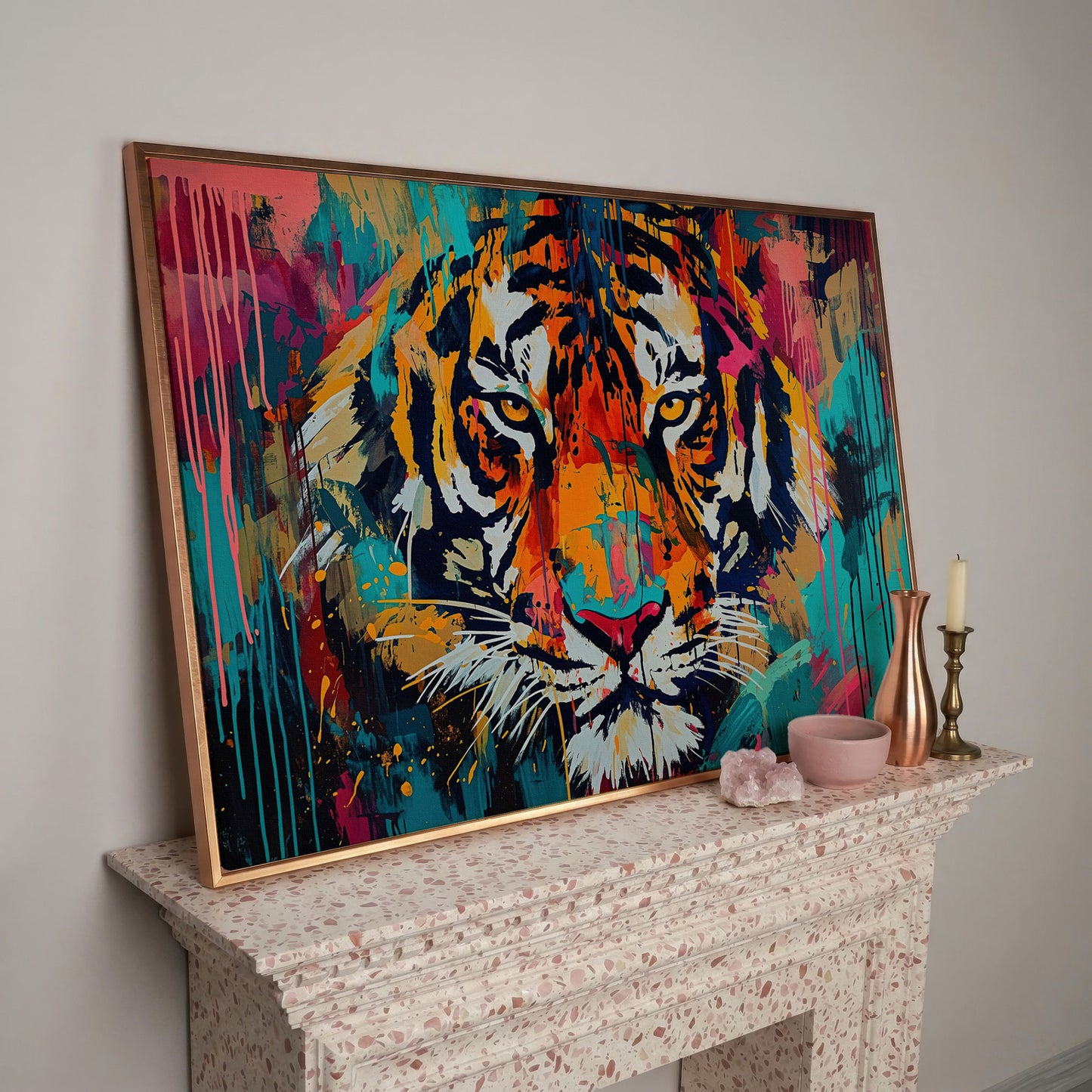 Colorful Tiger Canvas Print in rose gold floating frame