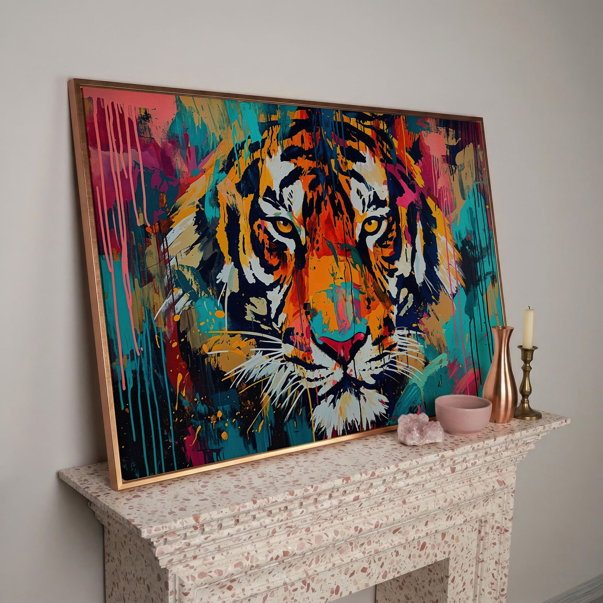 Colorful Tiger Canvas Print in rose gold floating frame