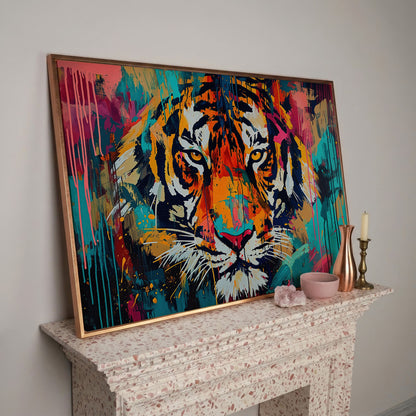 Colorful Tiger Canvas Print in rose gold floating frame