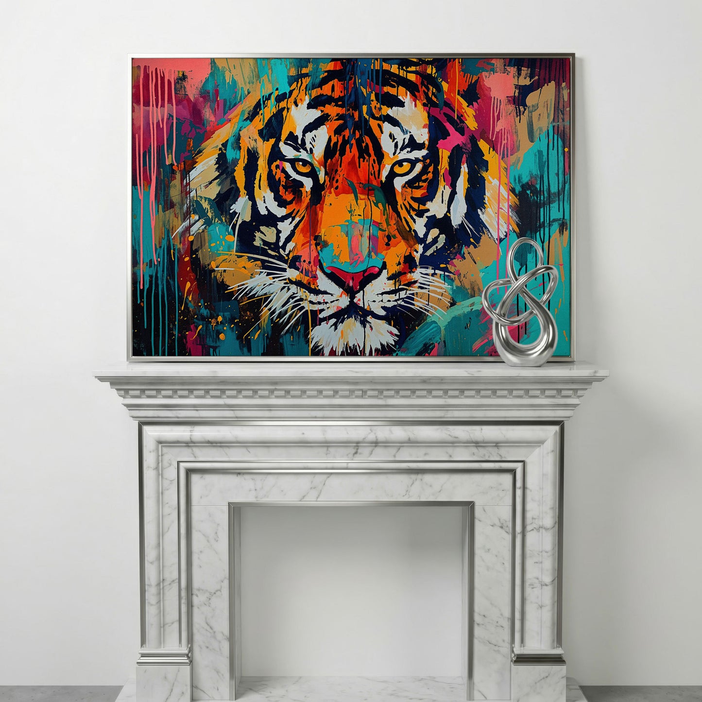 Colorful Tiger Canvas Print in silver floating frame
