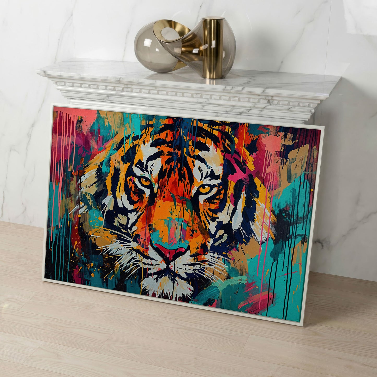 Colorful Tiger Canvas Print in white floating frame