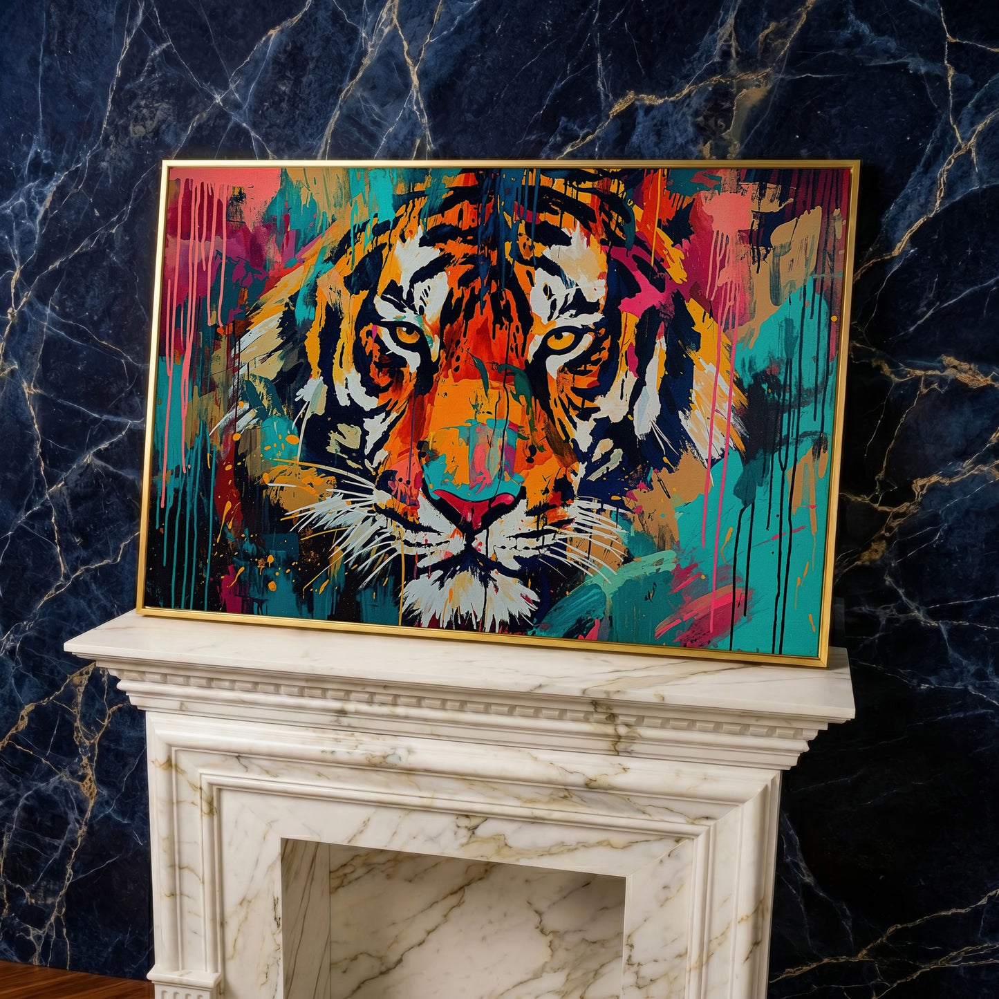 Colorful Tiger Canvas Print in yellow gold floating frame