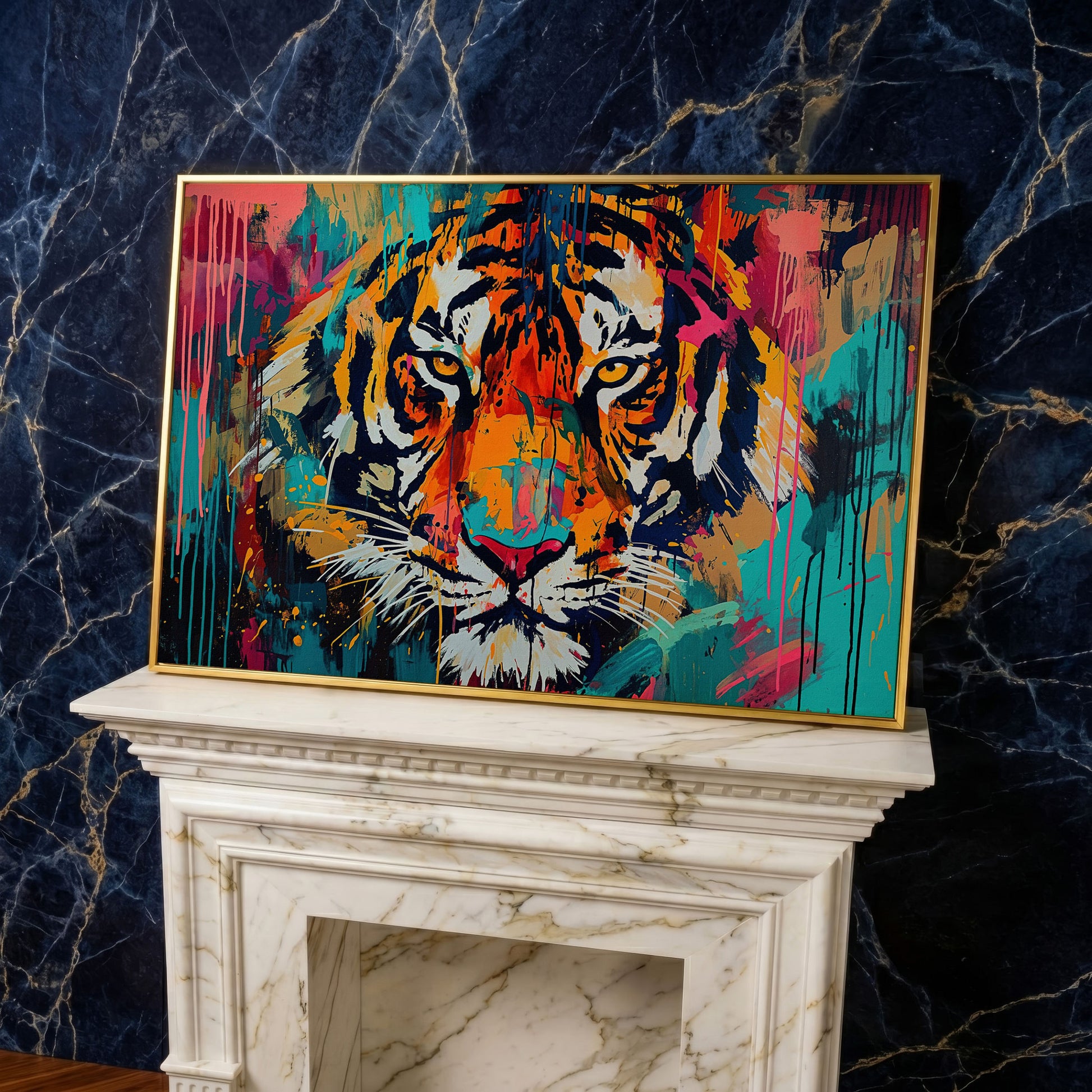 Colorful Tiger Canvas Print in yellow gold floating frame