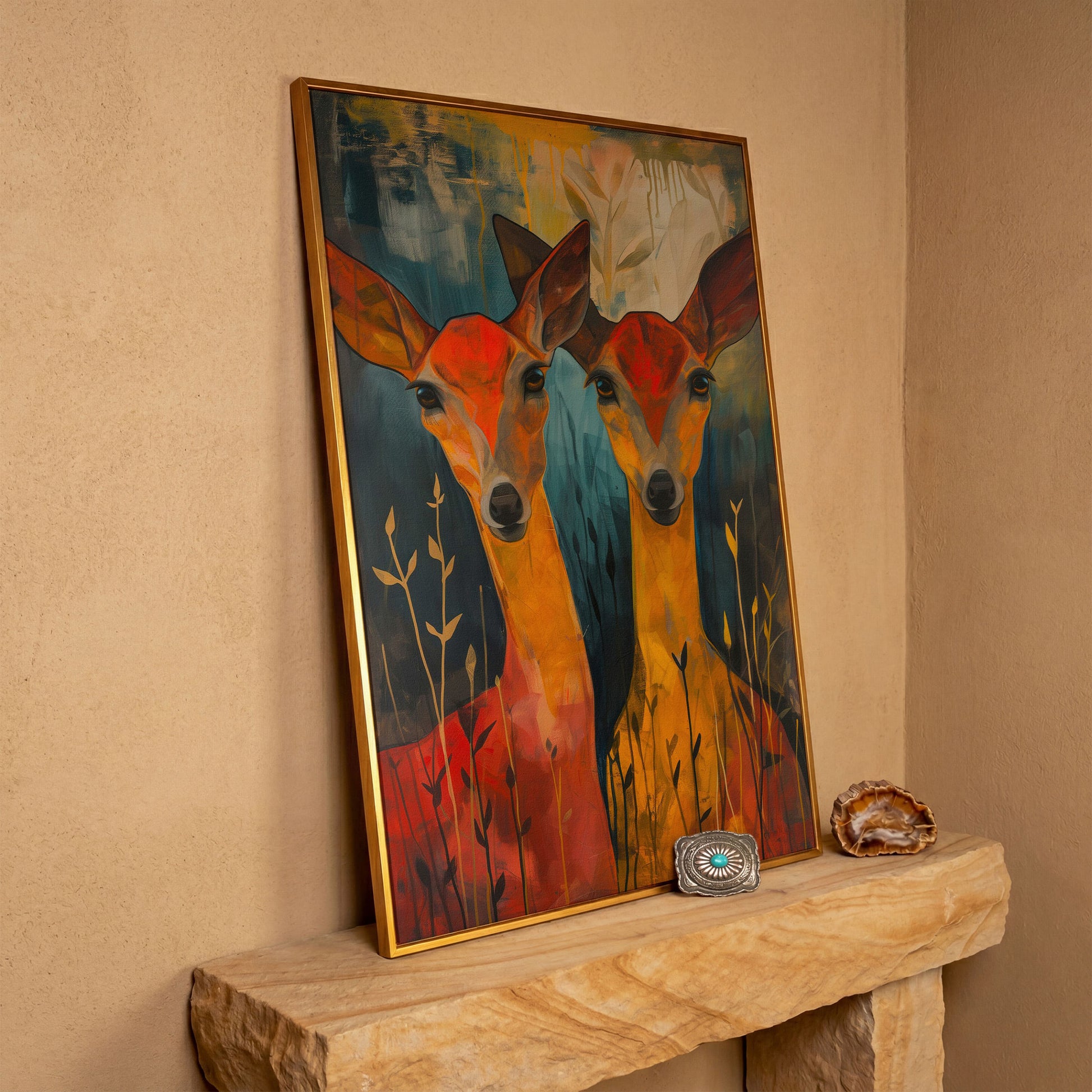 Two Doe Portrait Canvas in antique gold floating frame