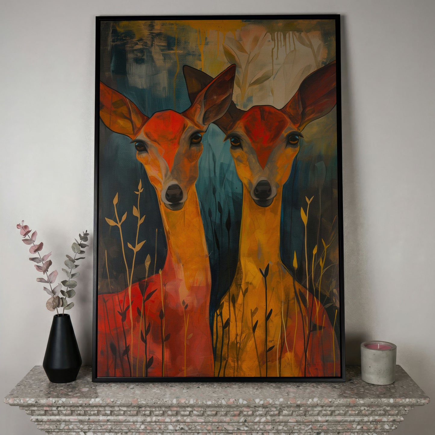 Two Doe Portrait Canvas in black floating frame
