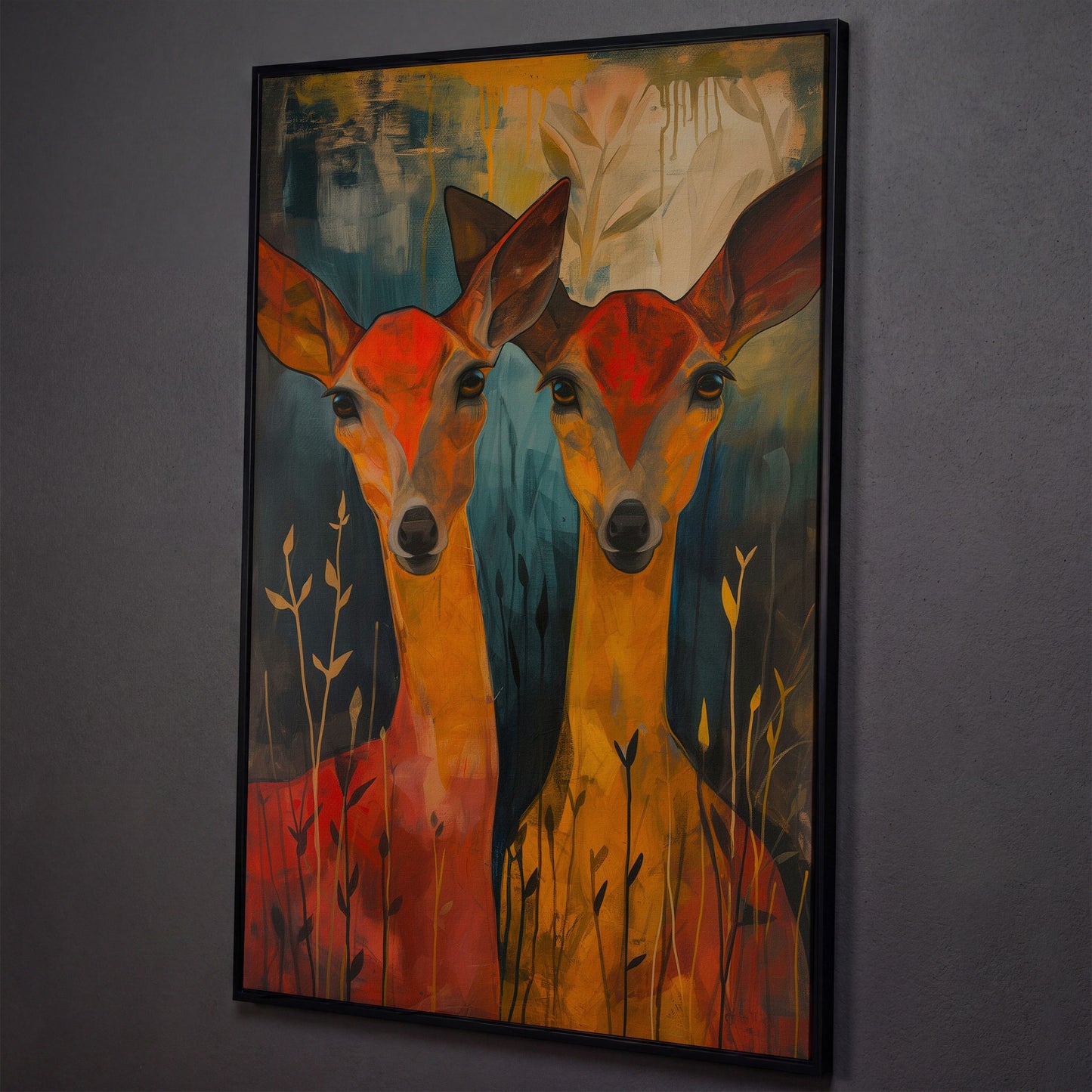 Two Doe Portrait Canvas shown in black floating frame