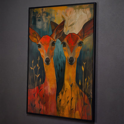 Two Doe Portrait Canvas shown in black floating frame