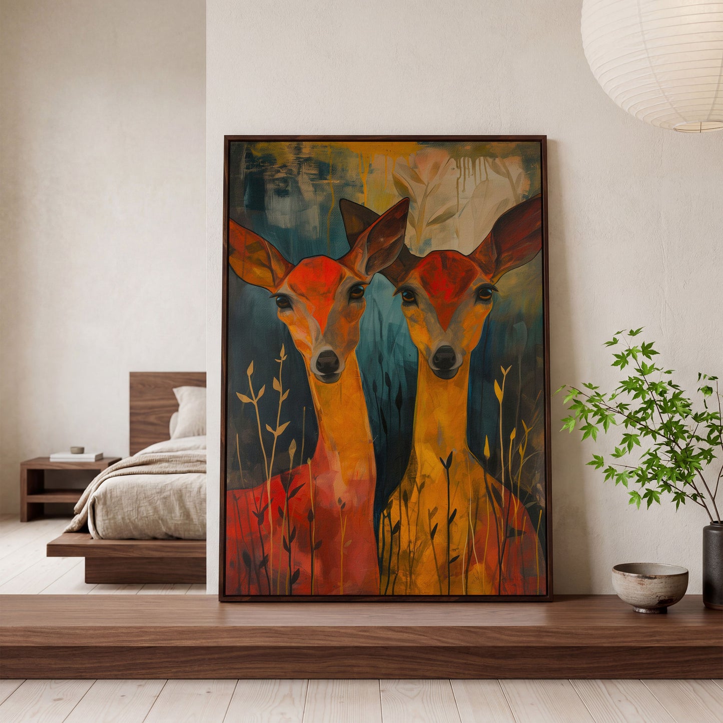 Two Doe Portrait Canvas in dark walnut floating frame