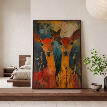 Two Doe Portrait Canvas in dark walnut floating frame