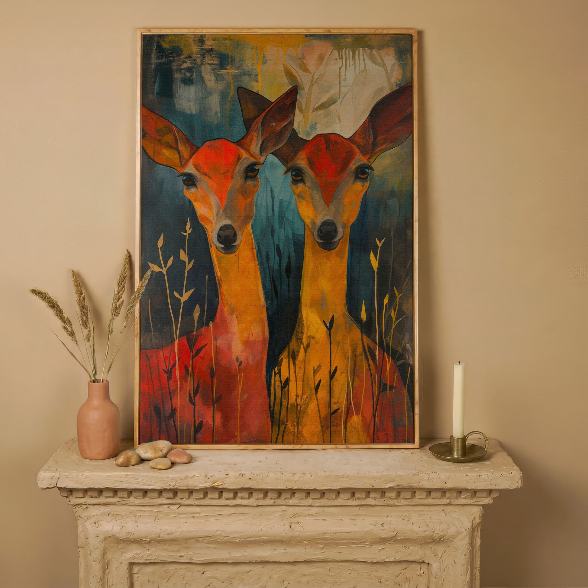 Two Doe Portrait Canvas in white oak floating frame