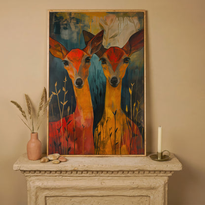 Two Doe Portrait Canvas in white oak floating frame