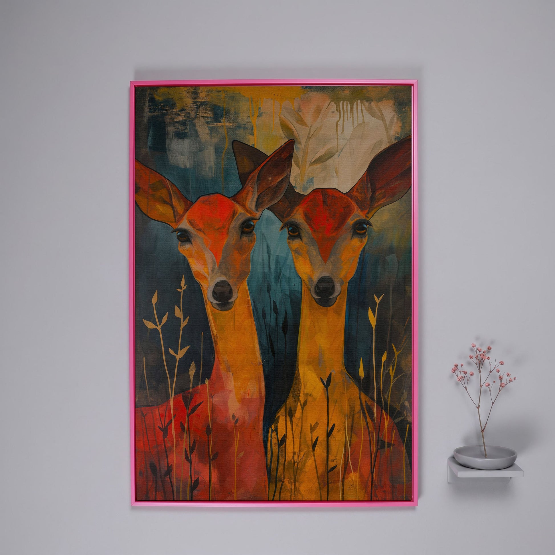 Two Doe Portrait Canvas in pink floating frame