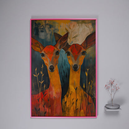Two Doe Portrait Canvas in pink floating frame