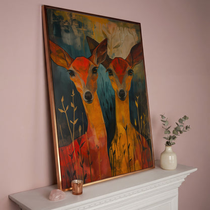 Two Doe Portrait Canvas in rose gold floating frame