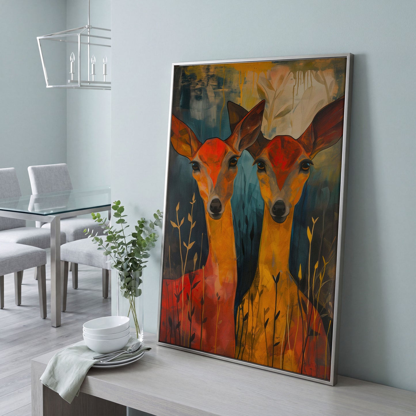 Two Doe Portrait Canvas in silver floating frame