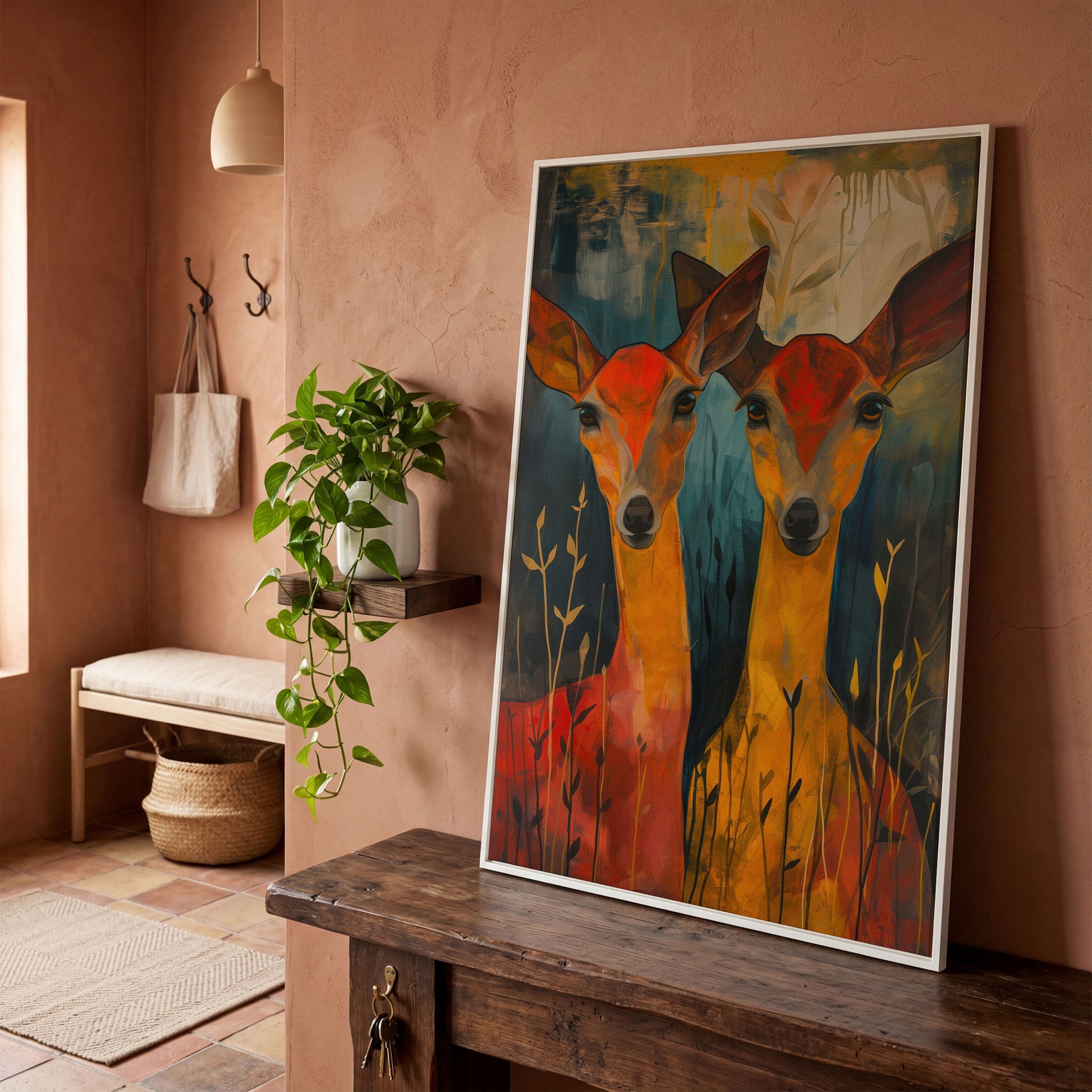 Two Doe Portrait Canvas in white floating frame