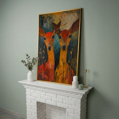 Two Doe Portrait Canvas in yellow gold floating frame