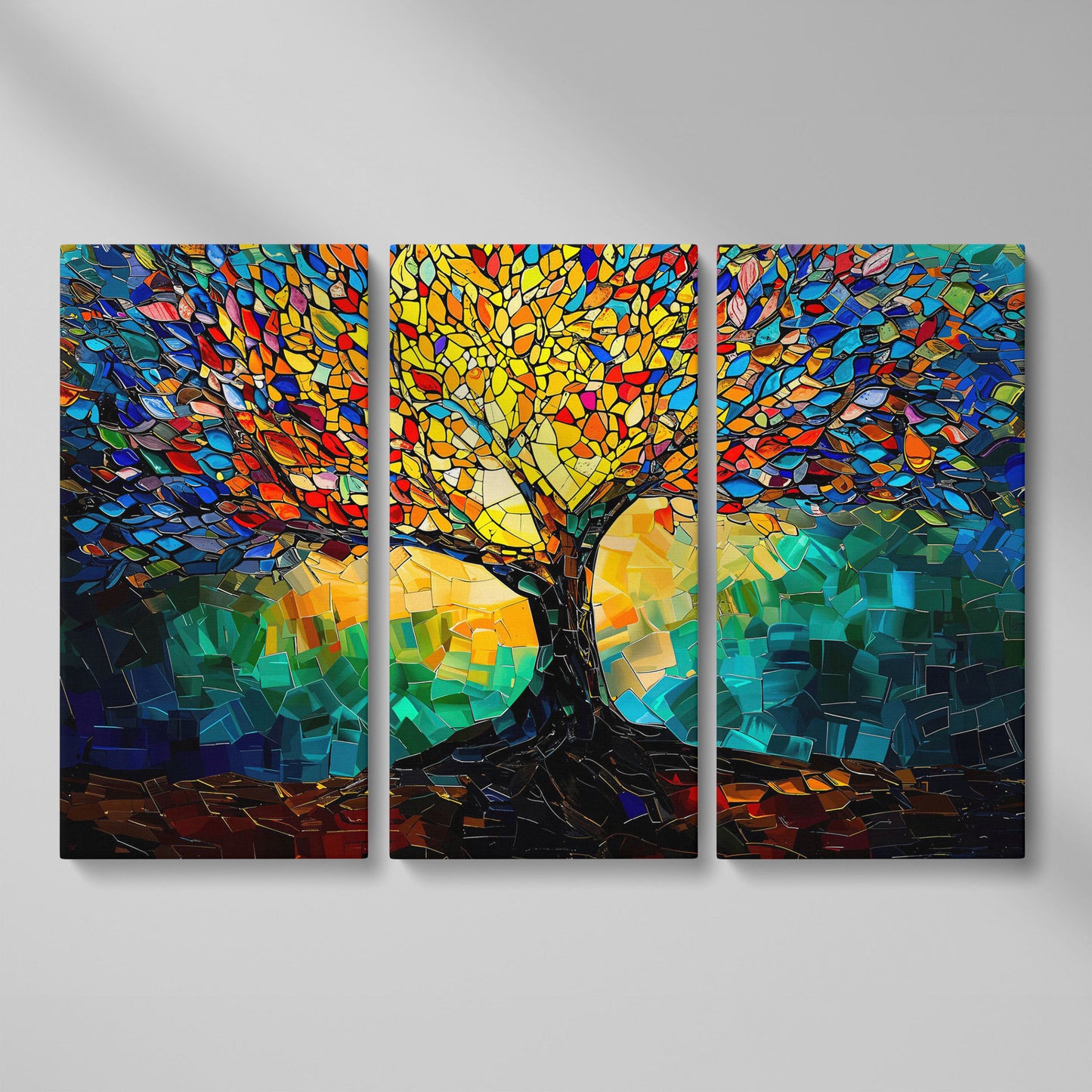 Colorful Tree of Life Canvas Print with Mosaic Detail as 3-panel split version