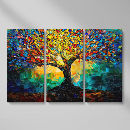 Colorful Tree of Life Canvas Print with Mosaic Detail as 3-panel split version