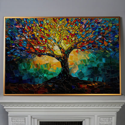 Colorful Tree of Life Canvas Print with Mosaic Detail in antique gold floating frame