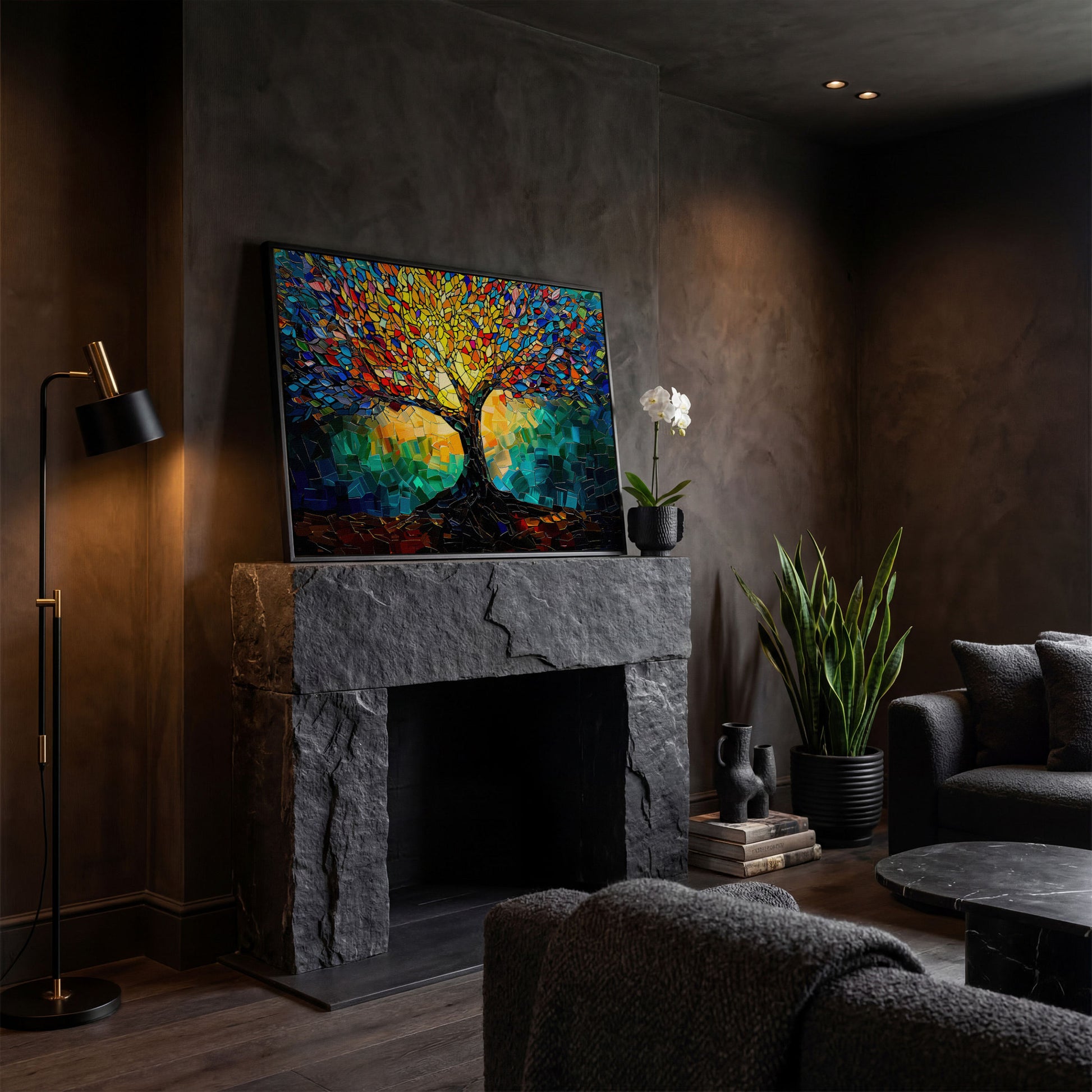Colorful Tree of Life Canvas Print with Mosaic Detail in black floating frame