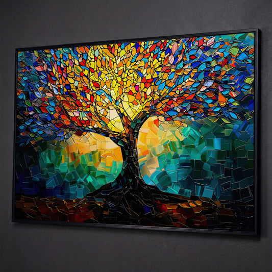 Colorful Tree of Life Canvas Print with Mosaic Detail shown in black floating frame