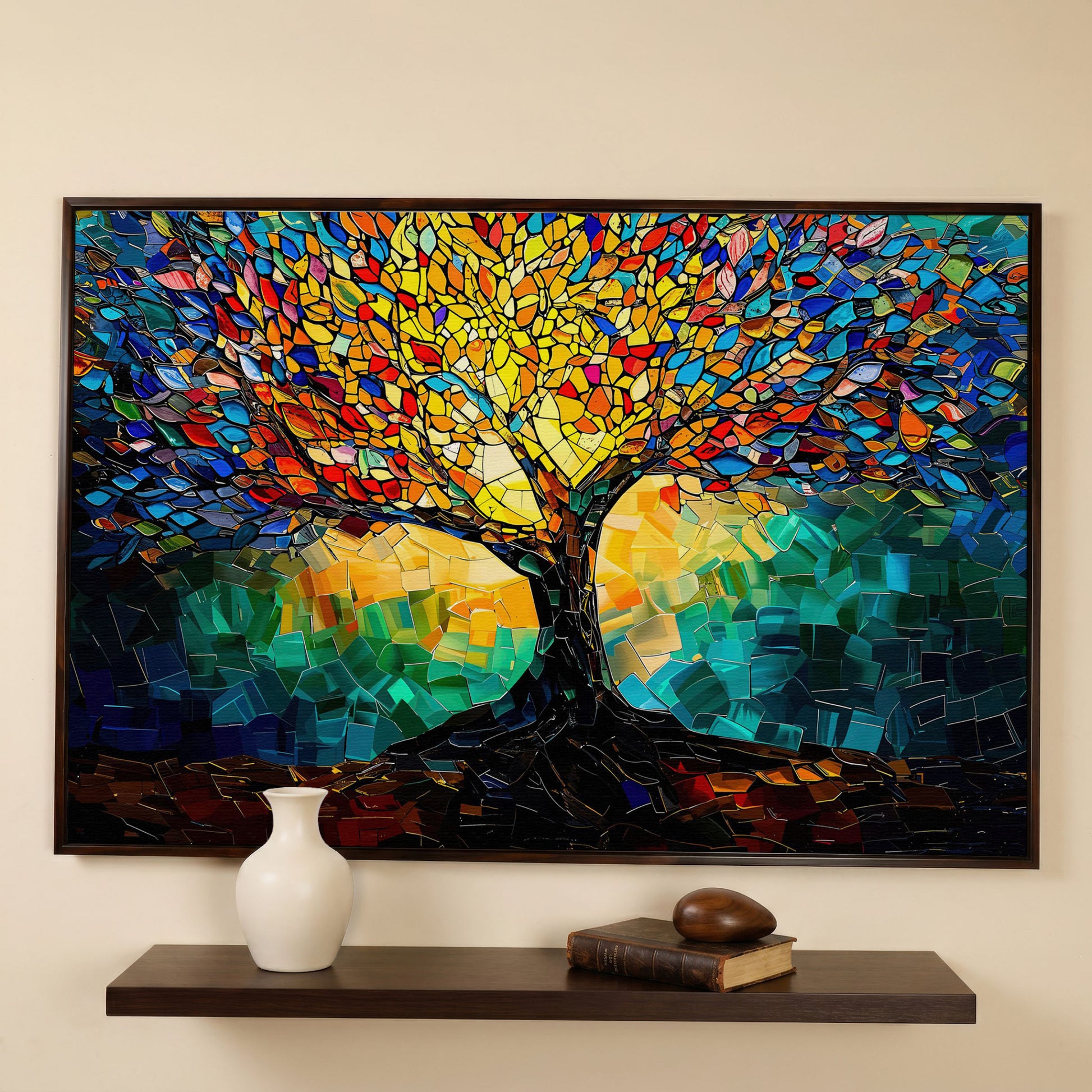 Colorful Tree of Life Canvas Print with Mosaic Detail in dark walnut floating frame
