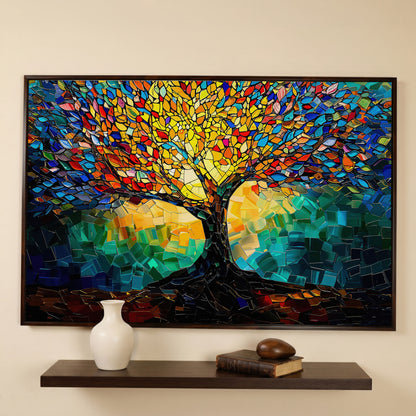 Colorful Tree of Life Canvas Print with Mosaic Detail in dark walnut floating frame