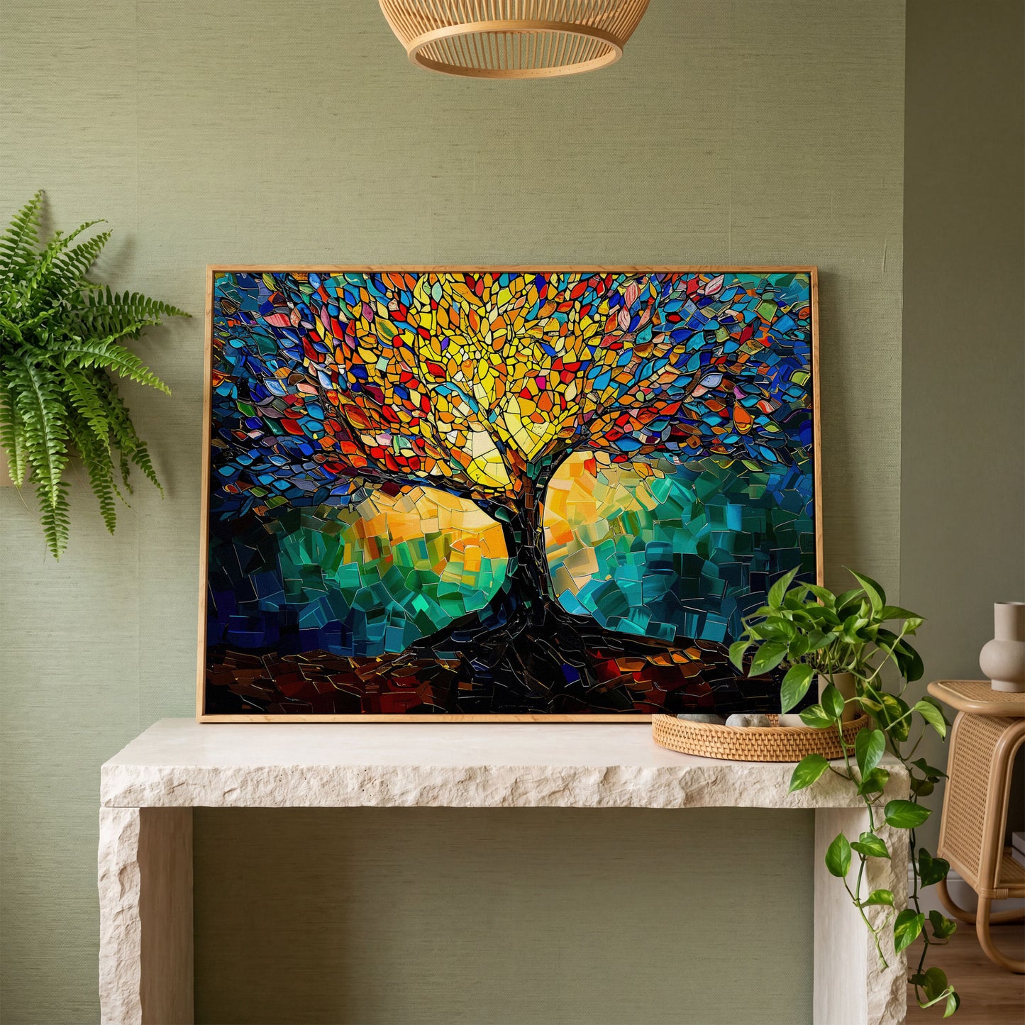 Colorful Tree of Life Canvas Print with Mosaic Detail in white oak floating frame